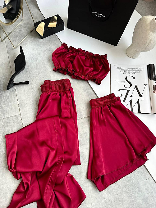 Жіноча піжама-трійка: топ шорти та штани із шовку армані Бордо, 44/46 Одеса - фото 5