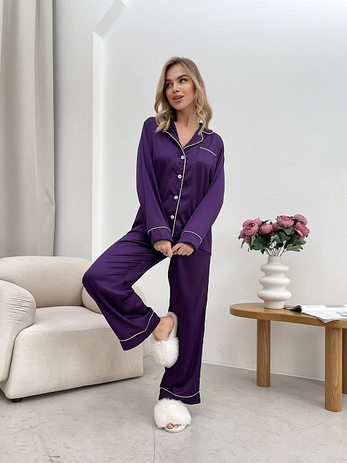 Женская стильная пижама двойка: рубашка и брюки из шелка Армани. Баклажан, 42/44 Одесса - изображение 1