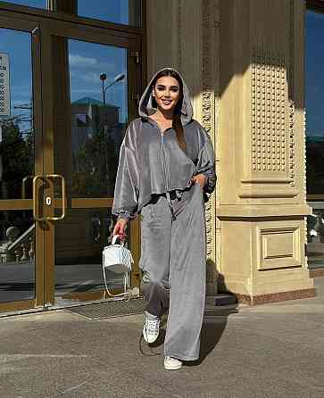 Женский стильный повседневный костюм тройка (кофта+штаны+топ) велюр спорт Серый, 46/48 Одесса