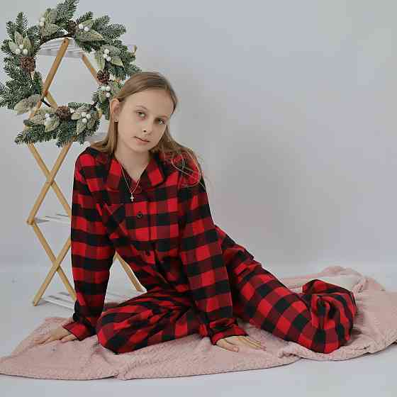 Байкова тепла дитяча піжама в чорно-червону карту сорочка + штани 122 Кам'янець-Подільський