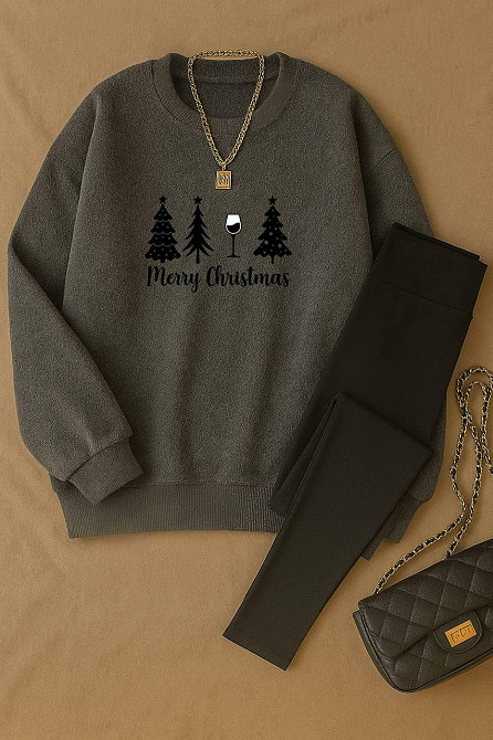 Жіночий теплий костюм-двійка з новорічним принтом двосторонній фліс + дайвінг на флісі Графіт, 50/52 Одеса - фото 1