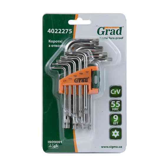 Ключи TORX 9шт T10-T50мм CrV (короткие с отверстием) GRAD (4022275) Ровно