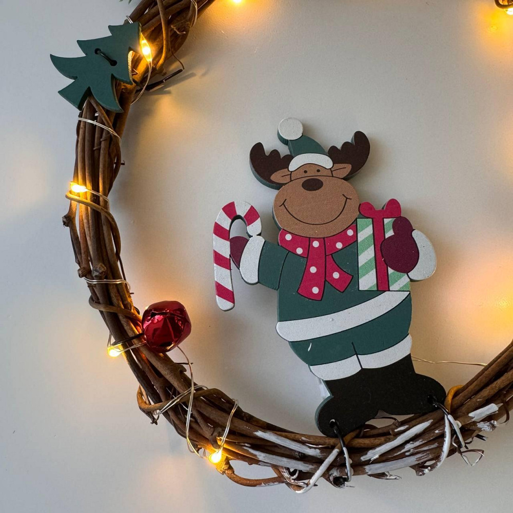 Рождественский венок из ротанги новогодний венок подвесной декор 18 см Niki Light LED от батареек олень Киев - изображение 8