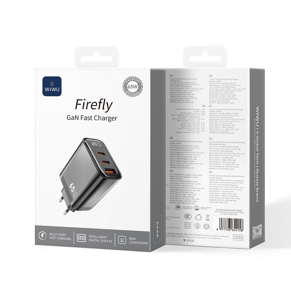 Мережевий зарядний пристрій WIWU 65W Firefly GaN Fast Charger 2C+1A Wi-G012 EU Grey Одеса - фото 2