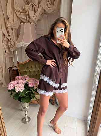 Женский стильный летний льняной костюм с кружевом Шоколад, 42/46 Одесса