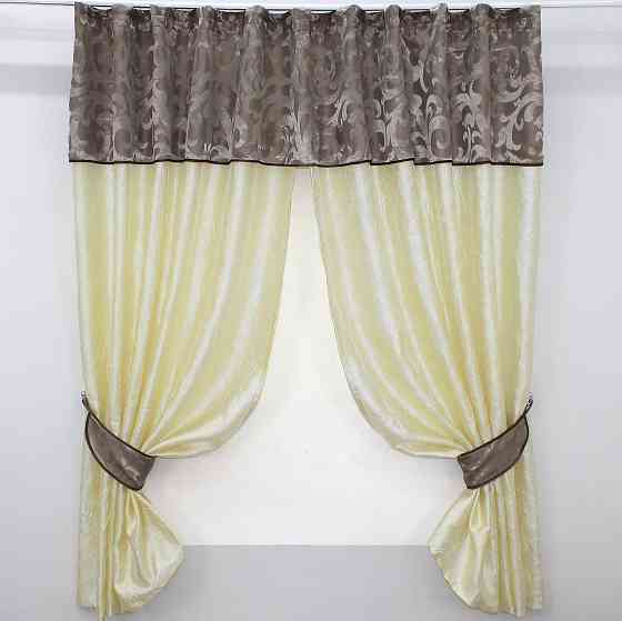 Кухонные шторы VR-Textil № 073к с ламбрекеном и подхватами светло-золотистый с какао 270х170 см (52-0183) Киев