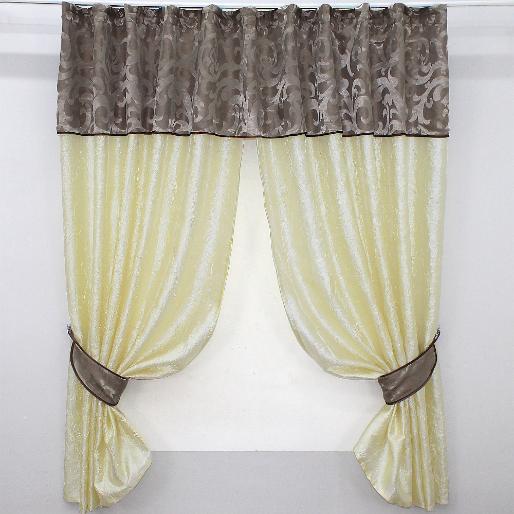 Кухонные шторы VR-Textil № 073к с ламбрекеном и подхватами светло-золотистый с какао 270х170 см (52-0183) Киев - изображение 1