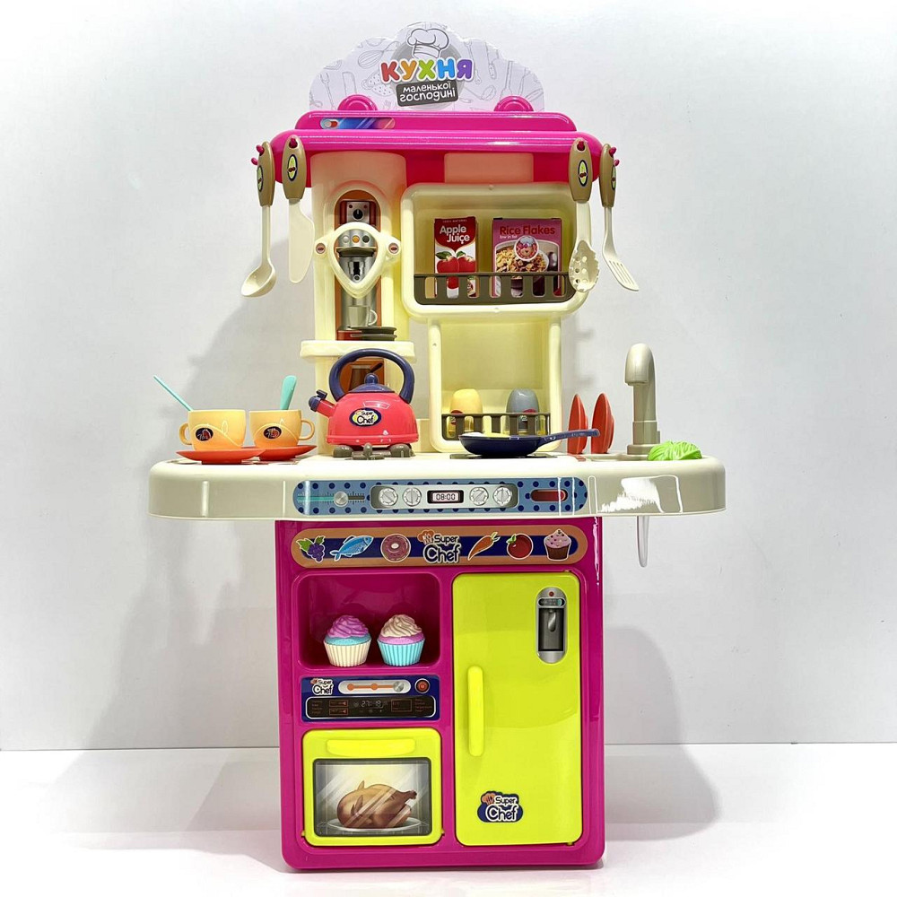 Кухня ігрова 42 предмети посуд продукти плита мийка-льюча вода пар музика світло на батарейках Рожева (16890B) Чернігів - фото 6
