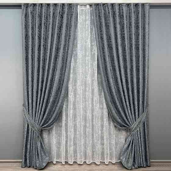 Комплект штор VR-Textil Льон Мармур 100х270 2шт і Тюль 300х270 1262ш-1400т Графітовий з білим 71-132/1 Київ