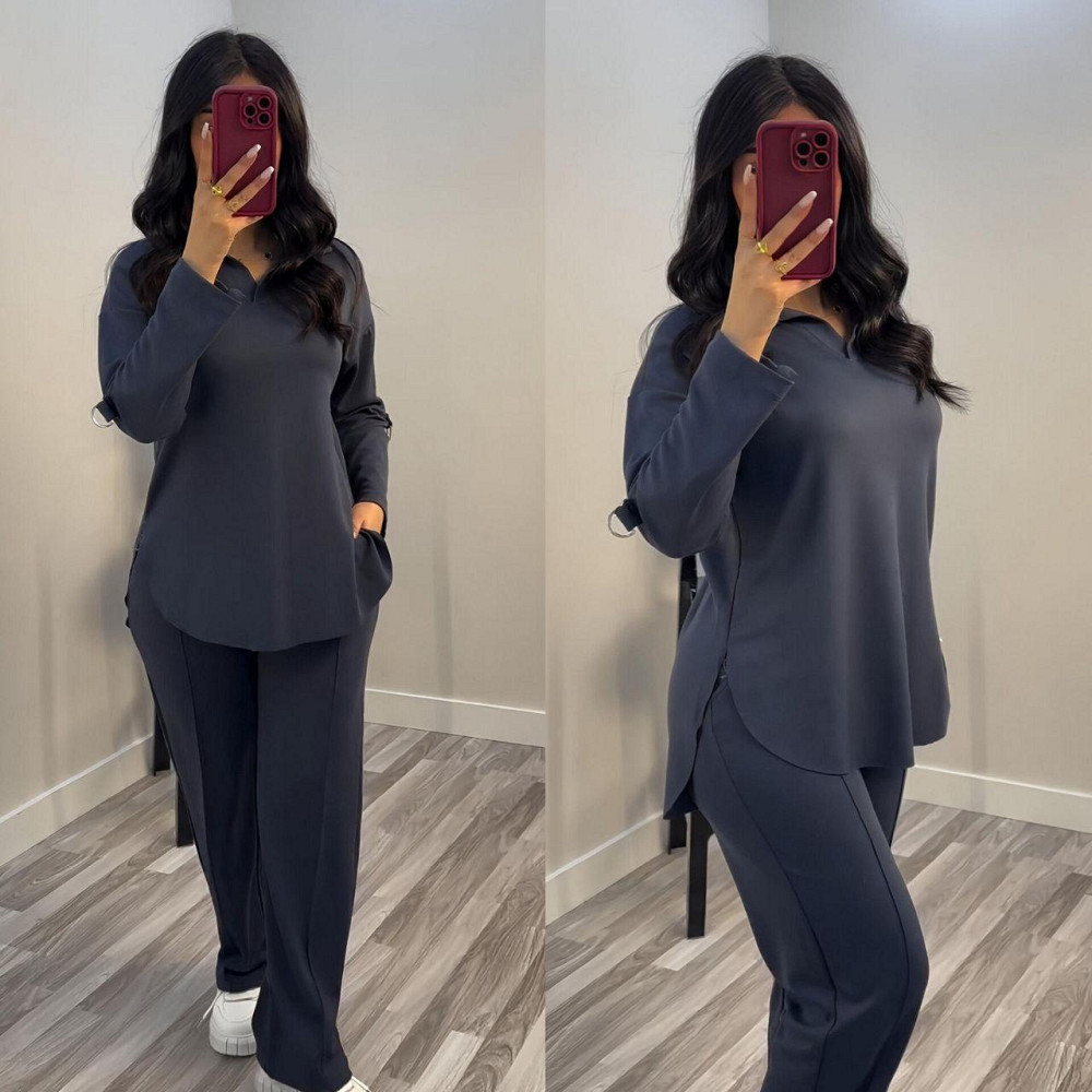 Жіночий стильний повсякденний костюм з V-вирізом двонитка Графіт, 64/66 Одеса - фото 3