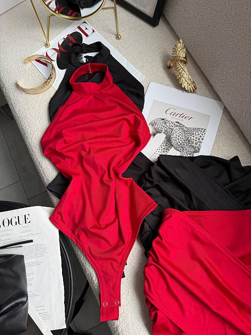 Женский стильный привлекательный костюм двойка боди + юбка микродайвинг Красный, 40/42 Одесса - изображение 1