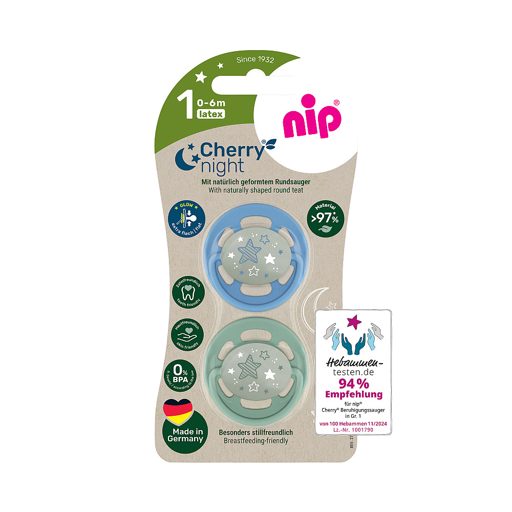 Пустушка латексна кругла для дітей 0–6 місяців NIP Cherry Night арт. 38869-51 2 шт. зелений/блакитний Кривий Ріг - фото 1