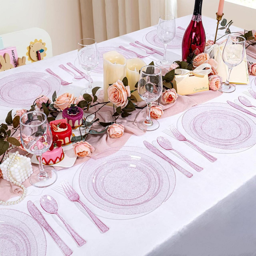 Набор тарелок пластиковых круглые 4 шт, десертные 19 см и обеденные 26 см,розовые прозрачные с блёстками Каменец-Подольский - изображение 5