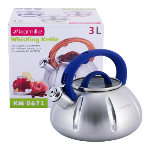 Чайник 3л із нержавіючої сталі зі свистком і скляною кришкою (ручки: зелена, синя, дерево) KAMILLE 0 Житомир - фото 15
