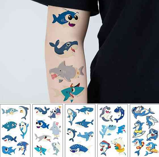 Набір наліпок з акулами 5 аркушів, дитячі наклейки що світяться в темряві, флуоресцентні тату акули Київ