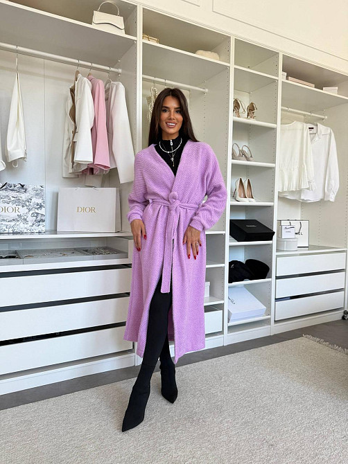 Жіночий затишний довгий кардиган із поясом Альпака. Лаванда Одеса - фото 8