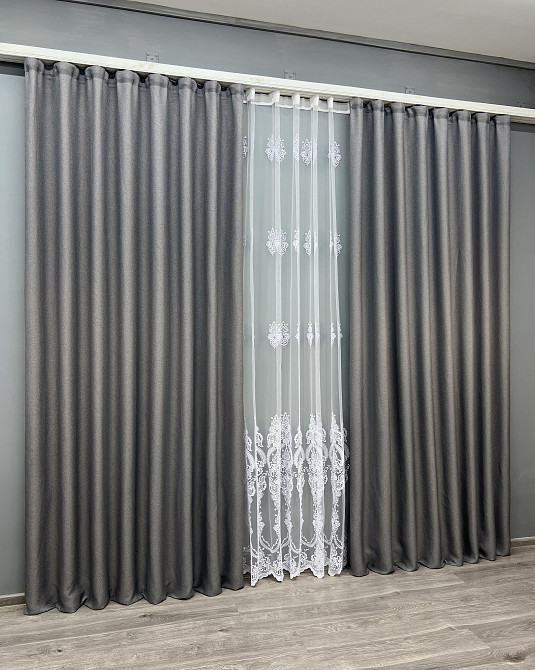 Комплект штор VR-Textil Лен Мешковина 200х270 2шт и Тюль 600х270 288ш-1571т Серый с белым 71-188/7 Киев - изображение 3