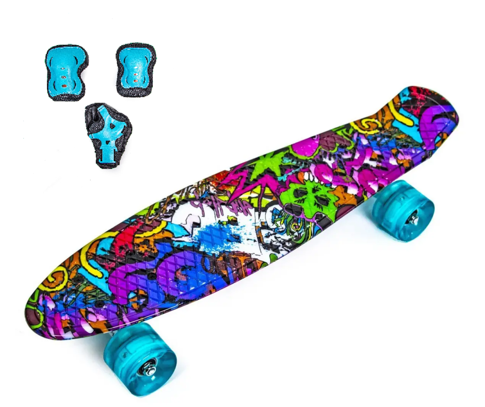 Набор СкейтБорд Penny Board. VIOLET GRAFFITY + защита на колени, локти и ладони. Колеса светятся при Одесса - изображение 1
