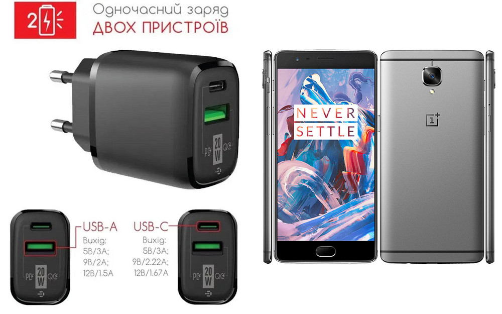 Сетевое зарядное устройство для OnePlus 3, 3T, 20W 3A, Quick Charge 3.0 Киев - изображение 1