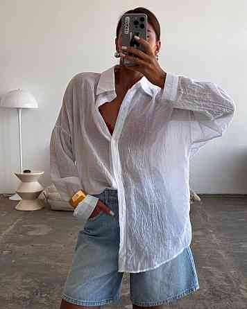 Женская воздушная оверсайз рубашка из натуральной ткани батист жатка 100% хлопок Одесса