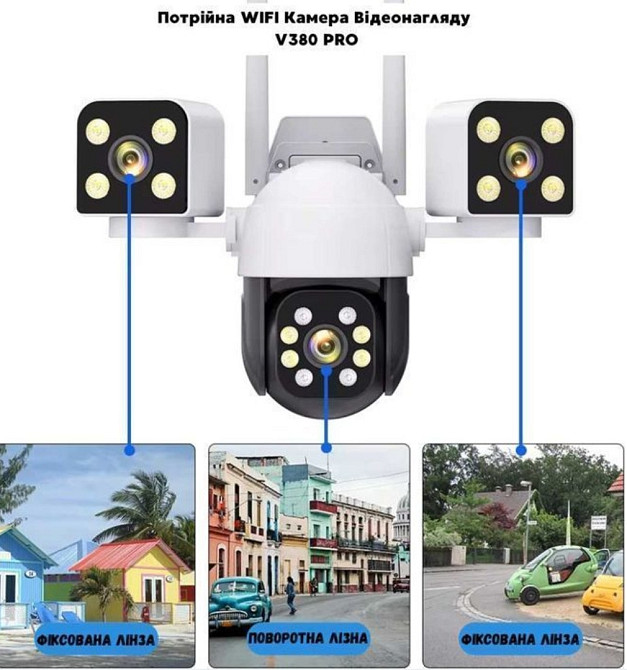 Уличная IP wifi Камера видеонаблюдения на три линзы V380 тройная SC05. Харьков - изображение 2