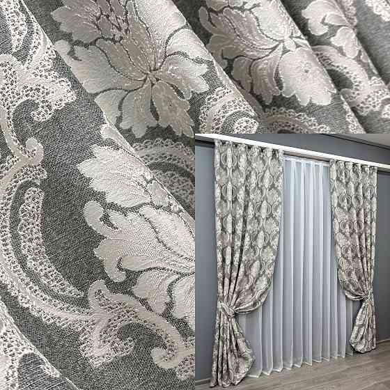 Комплект штор із тканини льон, колекція "Корона Марія" колір графітовий з світло-бежевим 1266ш Київ