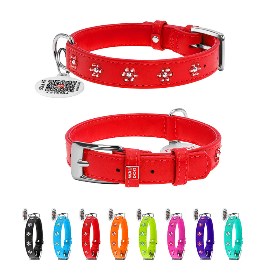 Нашийник для собак шкіряний WAUDOG Glamour з QR паспортом, з клейовими стразами "Квіти", Ш 20 м Коломыя - изображение 1