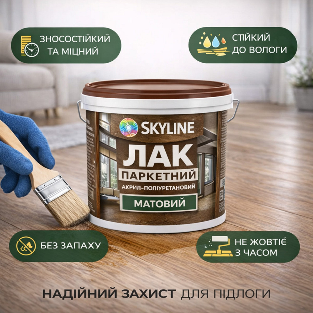 Лак для підлоги матовий Skyline паркетний, акрил-поліуретановий, водний, зносостійкий, без запаху, 5 л Харків - фото 2