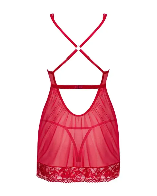 Прозора сорочка бебі-дол Obsessive Lacelove babydoll & thong M/L Red, мереживо, стрінги Львів - фото 4