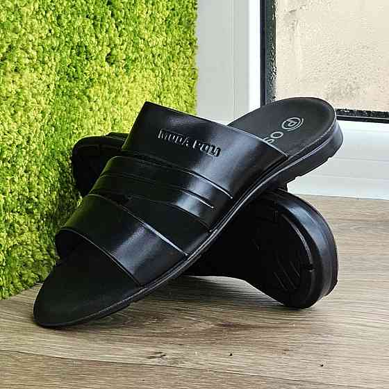 Мужские Шлёпанцы Тапочки Сланцы Чёрные Кожаные (размеры: 41,42,43,44,45) Днепр