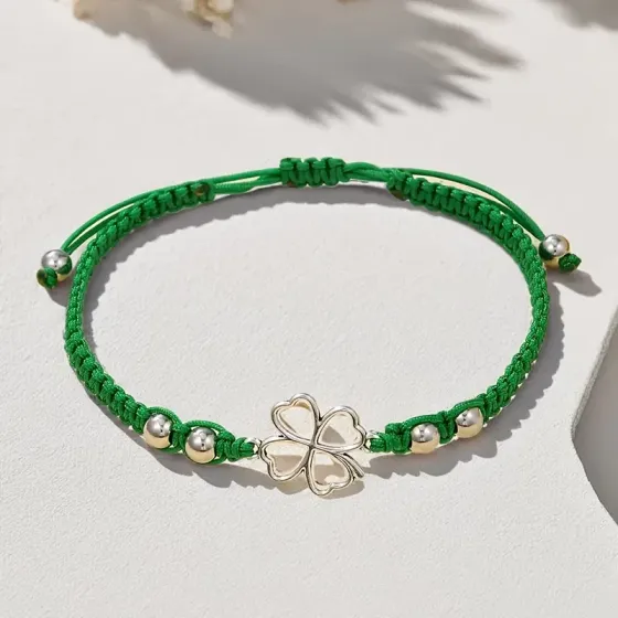 Браслет на удачу с четырёхлистником — регулируемый зелёный шнурок Киев