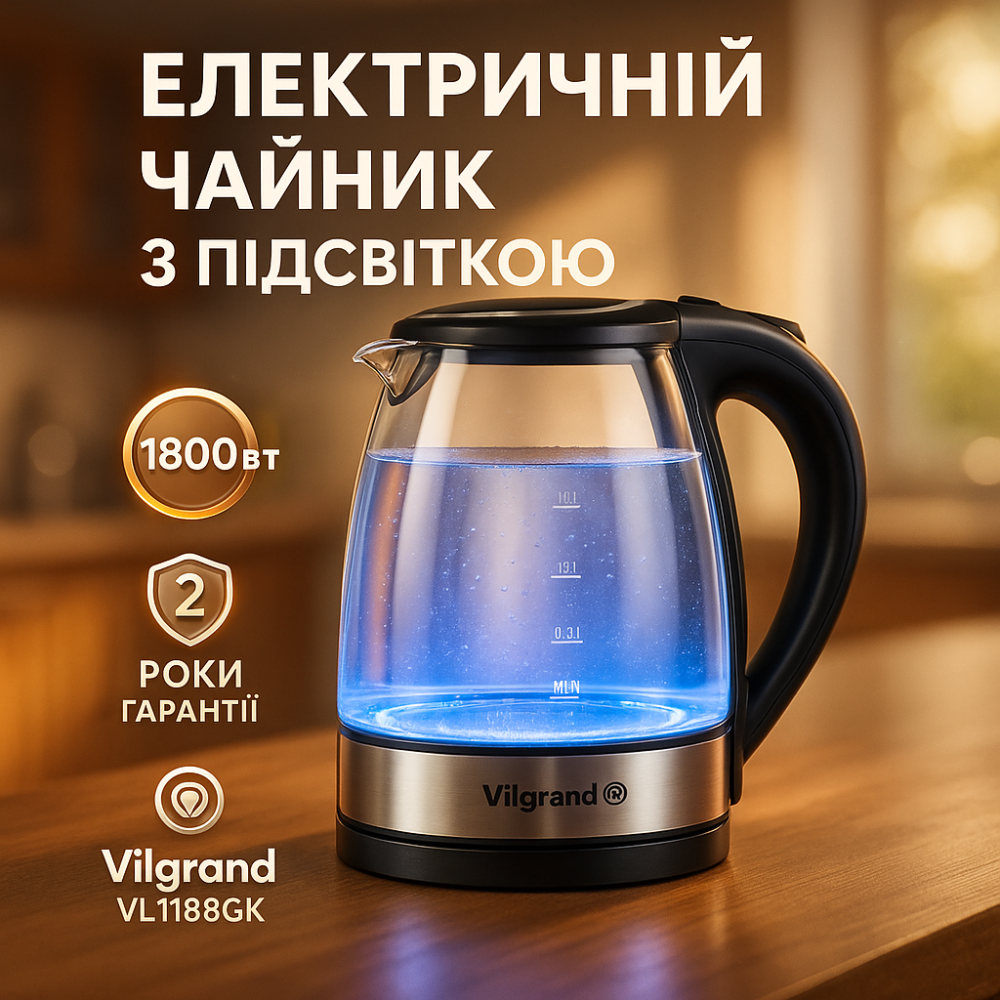 Электрочайник с LED индикатором Vilgrand VL1188GK 1.8л 1800Вт, Чайник электрический модный YC-93 Львов - изображение 11