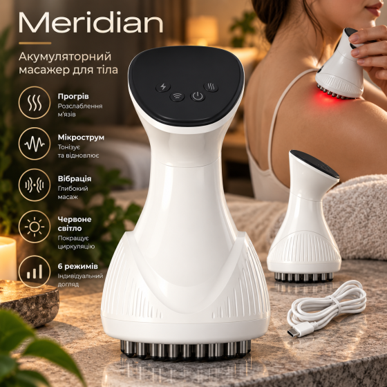 Аккумуляторный электрический массажер Meridian для тела, 6 режимов, вибрация, микроток, прогрев, красный свет Киев