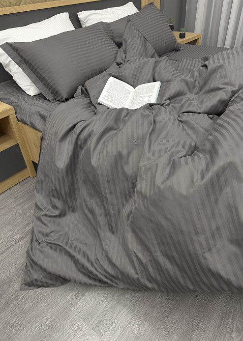 Комплект постільної білизни Страйп-сатин Двоспальний 180х220 з простирадлом на резинці Темно-сірий (88-177) Київ - фото 6