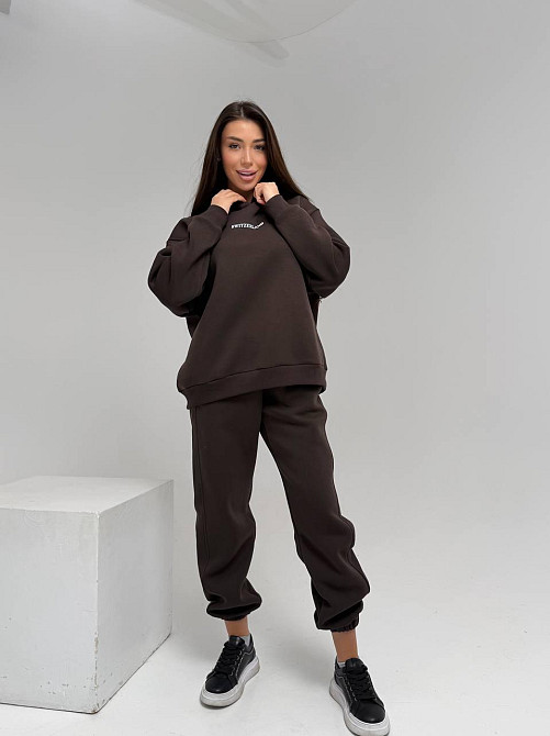 Жіночий стильний спортивний костюм-двійка: худі + штани, тринитка Пен'є на флісі турція Шоколад, 46/48 Одеса - фото 5