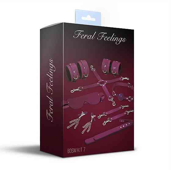 Набір Feral Feelings BDSM Kit 7 Burgundy, наручники, поножі, конектор, маска, падл, кляп, затискачі Sex Aura Київ