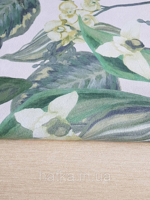 Шпалери вінілові Decoprint Breeze листя метелики квіти орхідеї лілії салатові зелені на пісочному 0.53х10 м Київ - фото 3