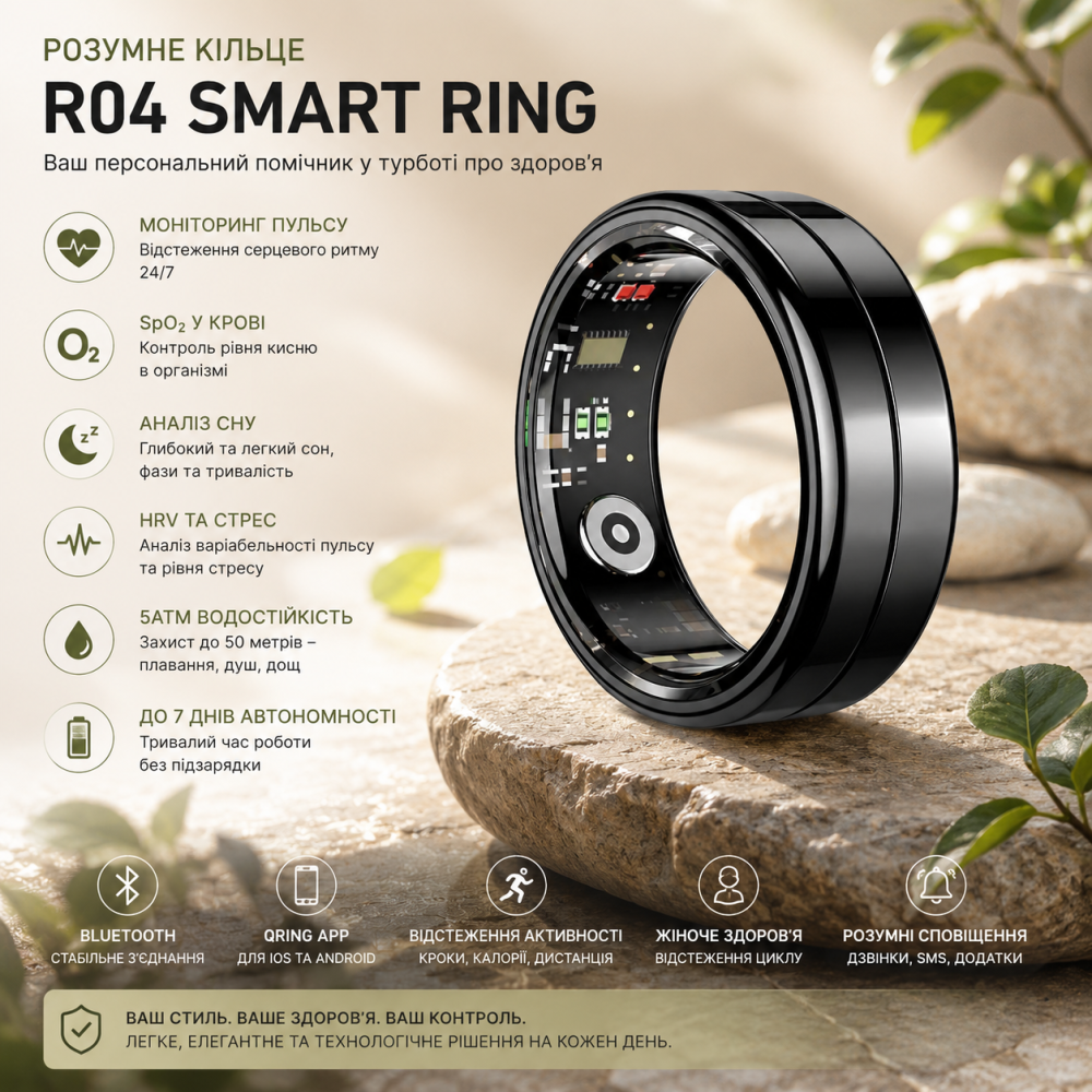 Розумне кільце R04 Smart Ring QRing | Моніторинг пульсу, SpO₂, сну, HRV, стресу, 5ATM, Bluetooth, до 7 днів автономності Київ - фото 6