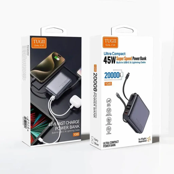 Power Bank TUGII Y245 20000 мАг, 77Вт · год, PD 45Вт, QC 22.5Вт, для ноутбука та MacBook Одеса