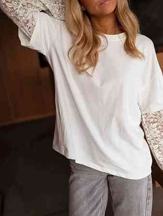 Женский стильный оверсайз лонгслив с гипюровыми рукавами турецкий кулир Одесса