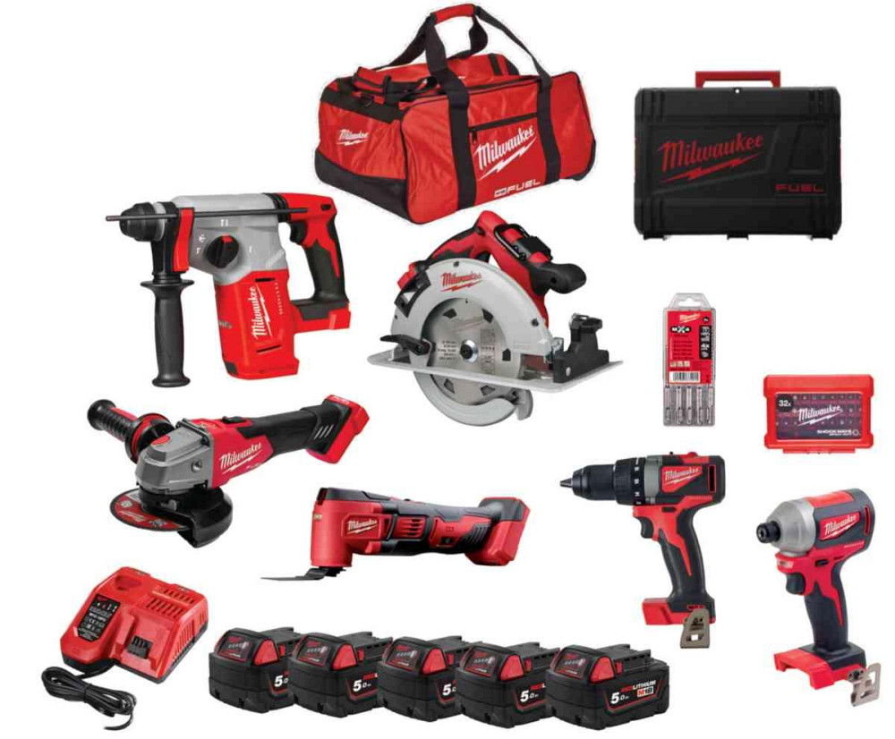 Набор инструментов аккумуляторных MILWAUKEE, M18 FPP6E-505B (5 аккумуляторов M18 B5 5 Аг, зарядное устройство M12-18 FC, дрель-шуруп Одесса - изображение 1