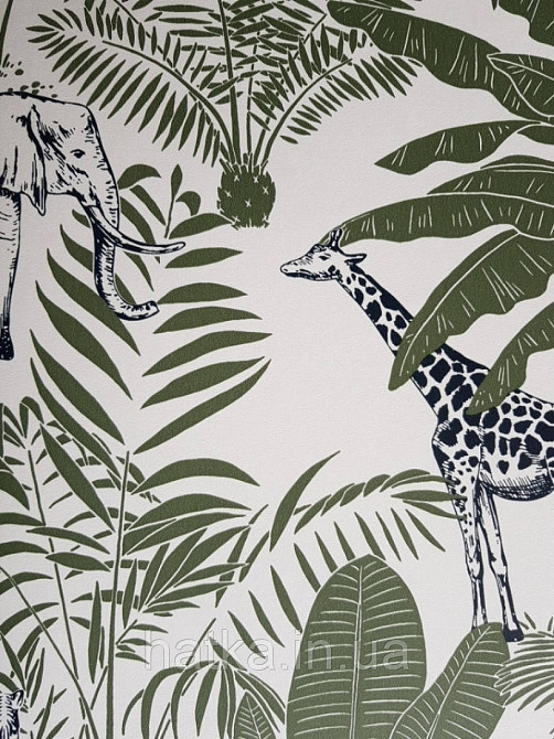 Шпалери флізелінові дитячі Caselio Our Planet джунглі рослини тварини слони, тигри зелені папуги на білому Київ - фото 3