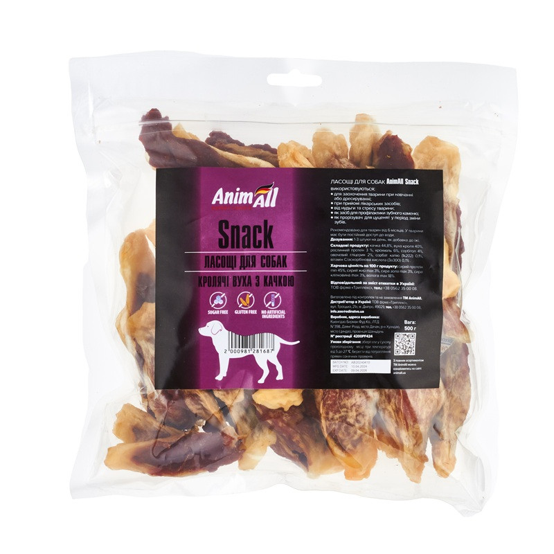Лакомства AnimAll Snack уши кролика с мясом утки для собак, 500 г Киев - изображение 1