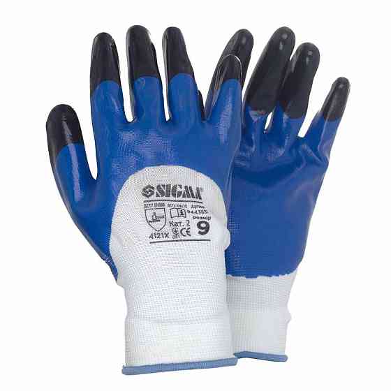 Трикотажные перчатки с частичным нитриловым покрытием усиленные пальцы р9 (сине-черные, манжет) SIGMA Ровно
