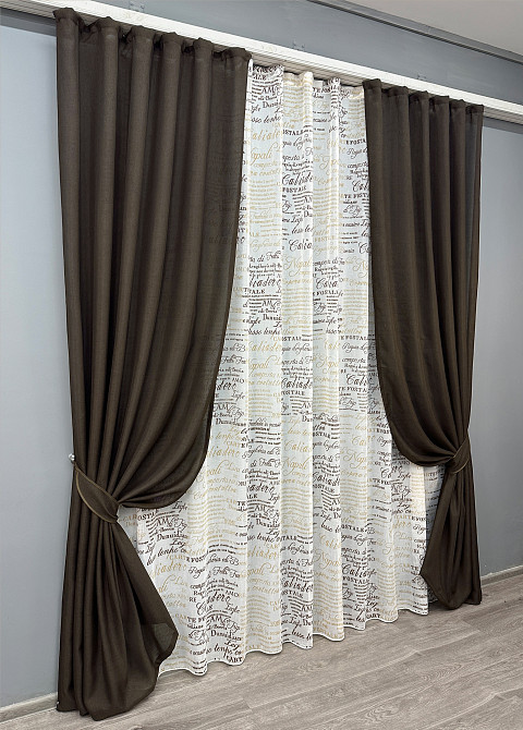 Комплект штор VR-Textil Лен Мешковина 150х270 2шт и Тюль 500х270 107ш-1790т Венге с белым 71-062/4 Киев - изображение 2