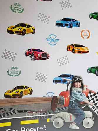 Шпалери вінілові на флізеліні AdaWall Ada Kids метрові дитячі для хлопчиків тачки перегонові машини на сірому Київ