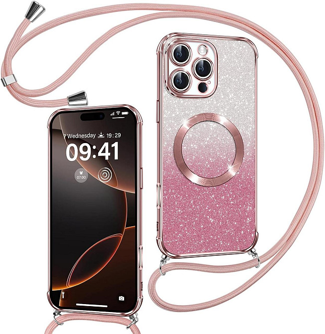 Чехол Phoona для iPhone 16 Pro с ремешком MagSafe блестящий защитный TPU противоударный розовый Киев - изображение 1