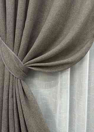 Комплект штор VR-Textil Лен Мешковина 150х270 2шт и Тюль 400х270 1769ш-115т Серый с белым 71-029/3 Киев
