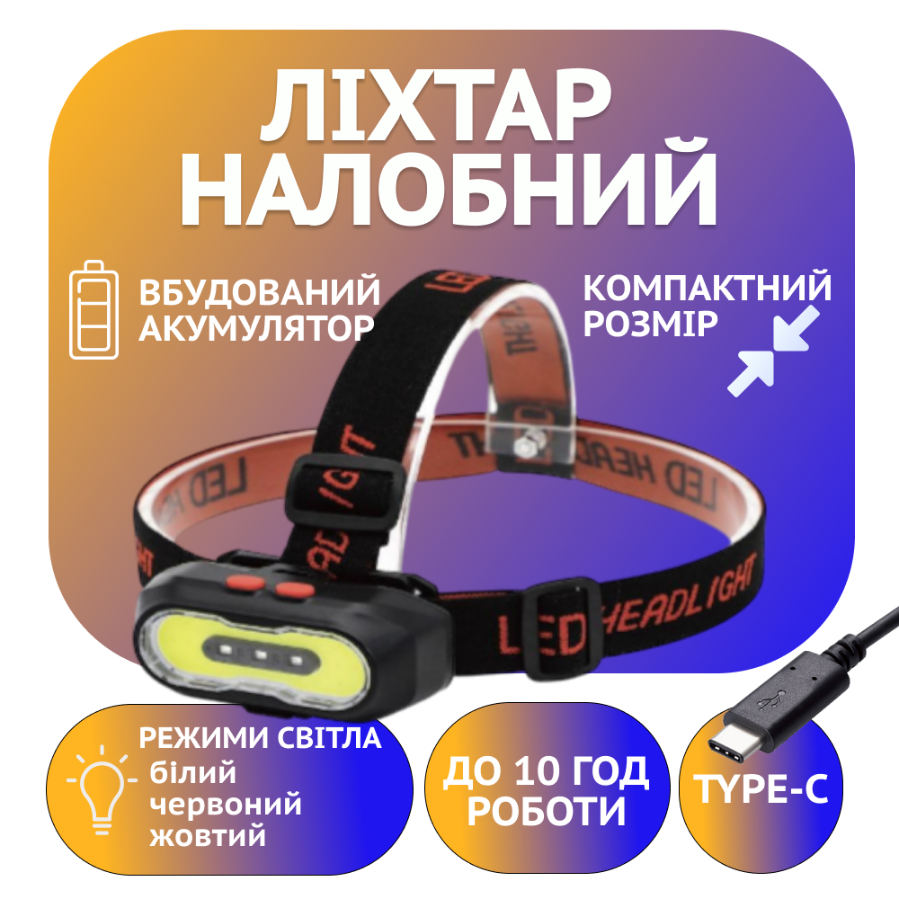 Налобний ліхтар PL-166, COB, 2XP, Li-on 18650, ЗУ Type-C Дніпро - фото 1