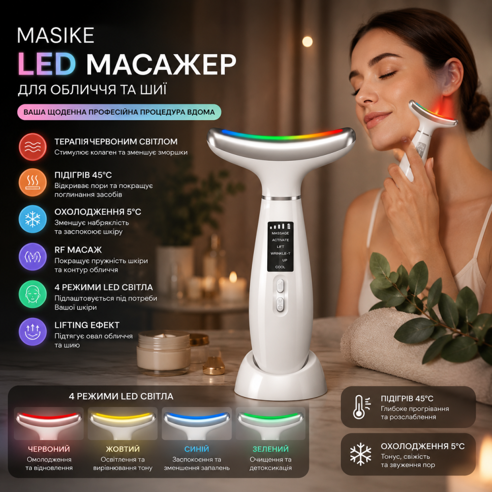 Масажер для обличчя та шиї MASIKE LED 4 кольори, терапія червоним світлом, підігрів 45°C, охолодження 5°C, косметичний RF масажер Київ - фото 8
